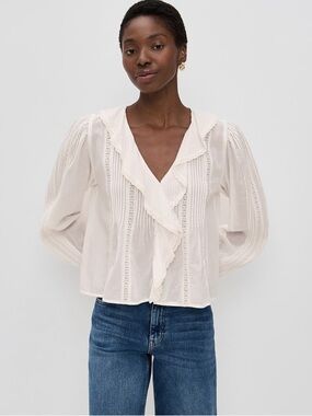 Madewell Lace-Insert Ruffled Pintuck Long-Sleeve Top
